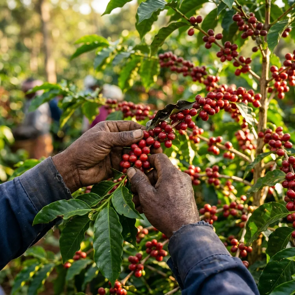 Hand picking coffee cherries